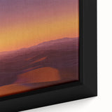 Close-up of a vibrant framed canvas depicting a serene desert landscape, showcasing warm earth tones, intricate details, and a tranquil atmosphere, ideal for home decor.