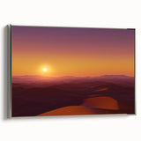 Framed canvas artwork showcasing a stunning desert landscape in warm hues, featuring silver framing that enhances the overall aesthetic appeal, ideal for home decor.
