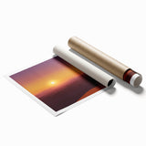 Desert landscape rolled canvas print showcasing vibrant orange and yellow hues, depicting a serene sunset over sand dunes, packaged securely in a protective tube.