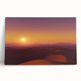 Desert landscape stretched canvas art showcasing warm tones of orange and yellow, depicting a serene sunset over rolling sand dunes, perfect for modern decor.