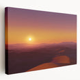 Stretched canvas artwork depicting a vibrant desert landscape with warm tones of orange and yellow, showcasing distant dunes and a clear blue sky, perfect for home decor.