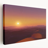 Stretched canvas artwork depicting a vibrant desert landscape with warm tones of orange and yellow, showcasing distant dunes and a clear blue sky, perfect for home decor.