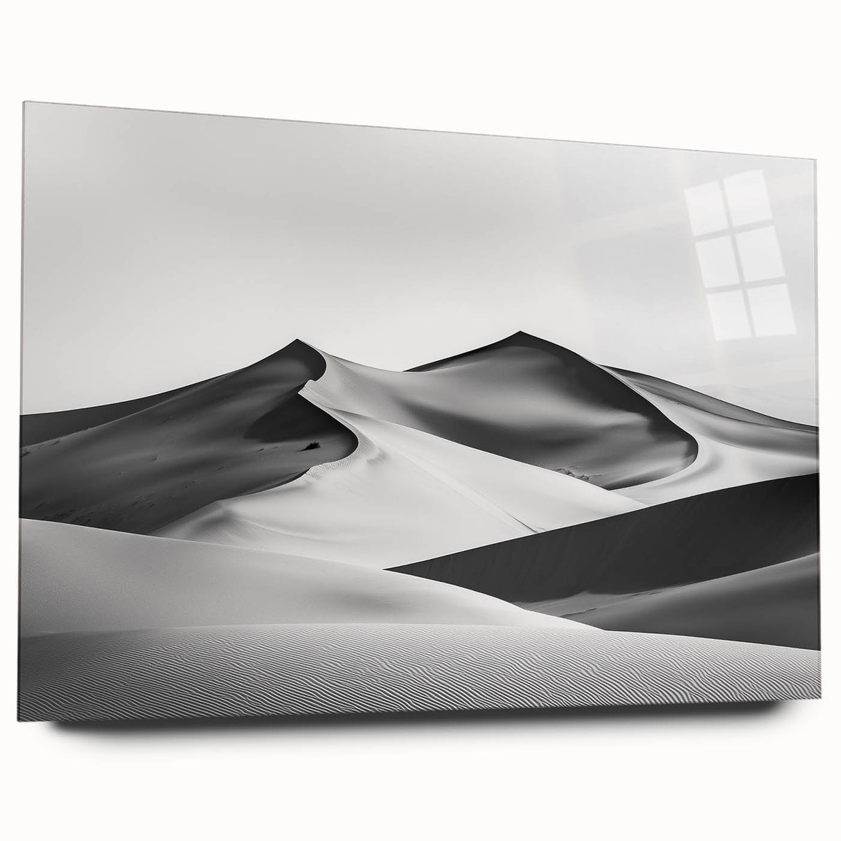 Acrylic landscape artwork depicting serene sand dunes with vibrant colors, showcased from a side view without pins, perfect for modern home decor.