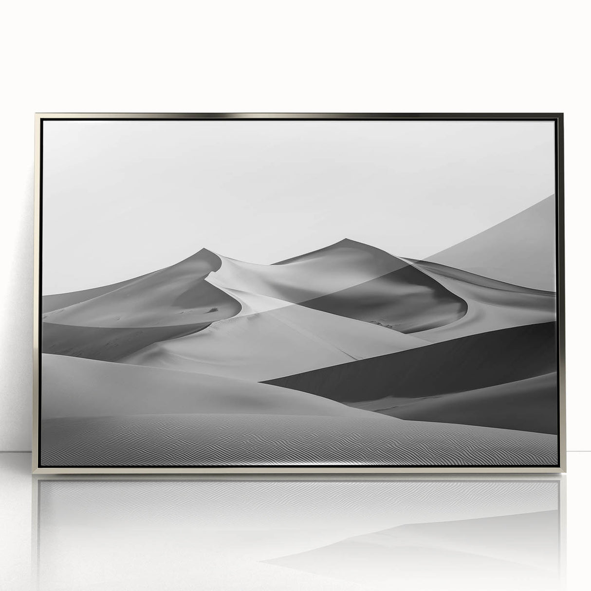 Framed acrylic artwork showcasing serene sand dunes in soft beige and gold tones, designed to elevate any modern living space with its tranquil landscape theme.