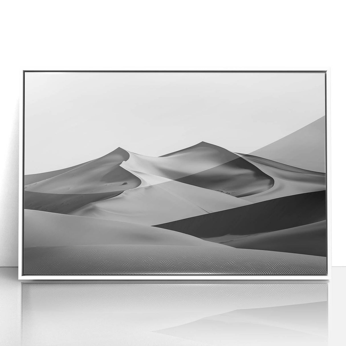 Framed acrylic artwork depicting serene sand dunes in a minimalist style, featuring soft beige and white tones, perfect for enhancing modern home decor.