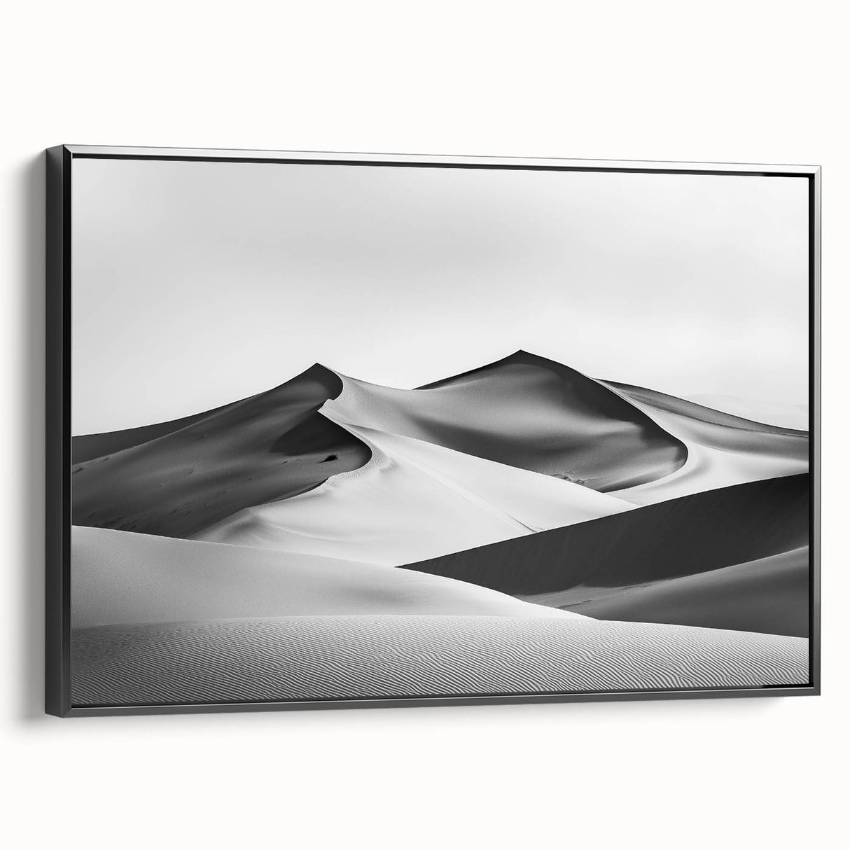 Framed canvas artwork depicting serene sand dunes at sunset, showcasing warm golden hues and intricate textures, ideal for enhancing modern home decor.