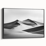 Framed canvas artwork depicting serene sand dunes at sunset, showcasing warm golden hues and intricate textures, ideal for enhancing modern home decor.