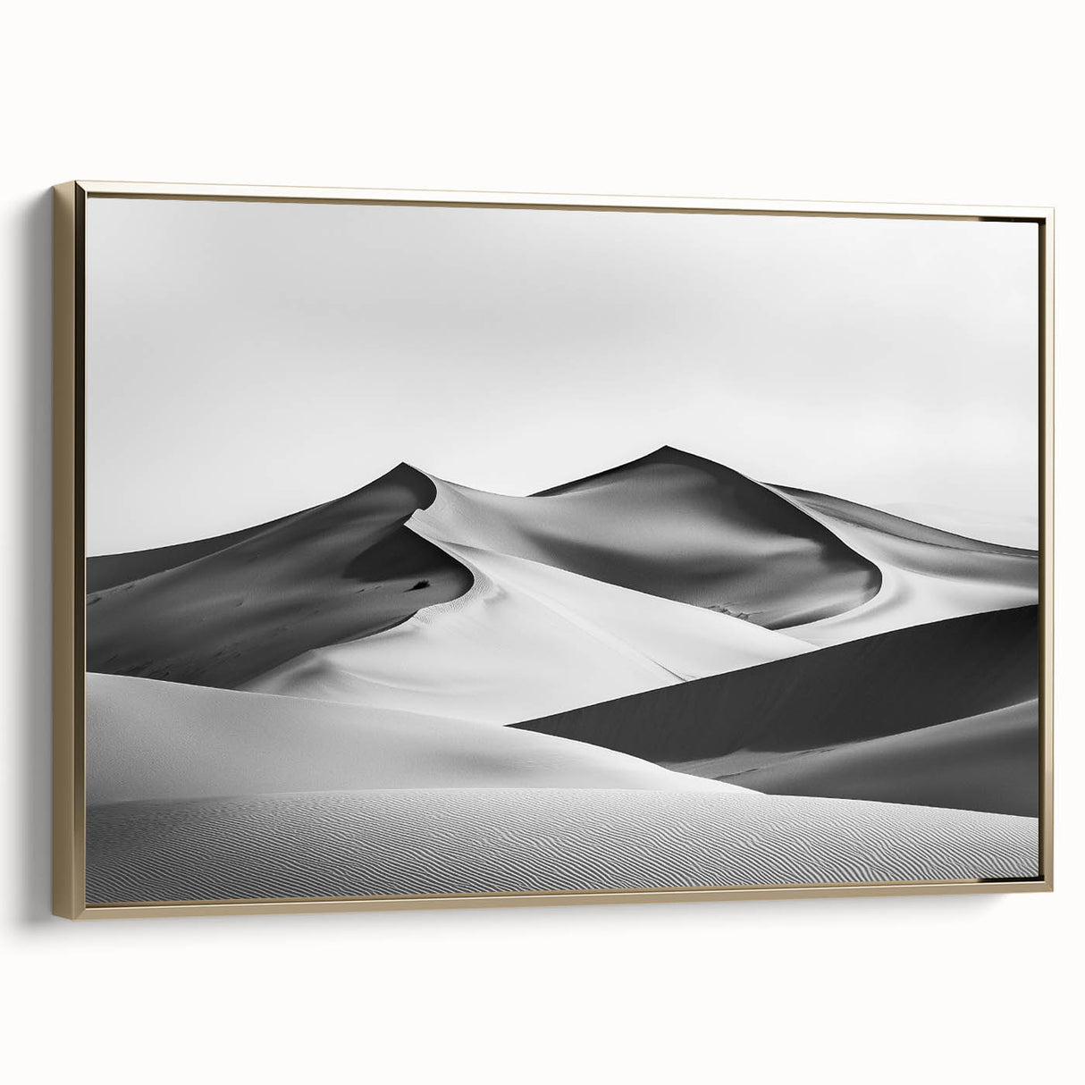Framed canvas artwork showcasing a stunning desert landscape with golden dunes, highlighting intricate textures and warm tones, perfect for home decor.