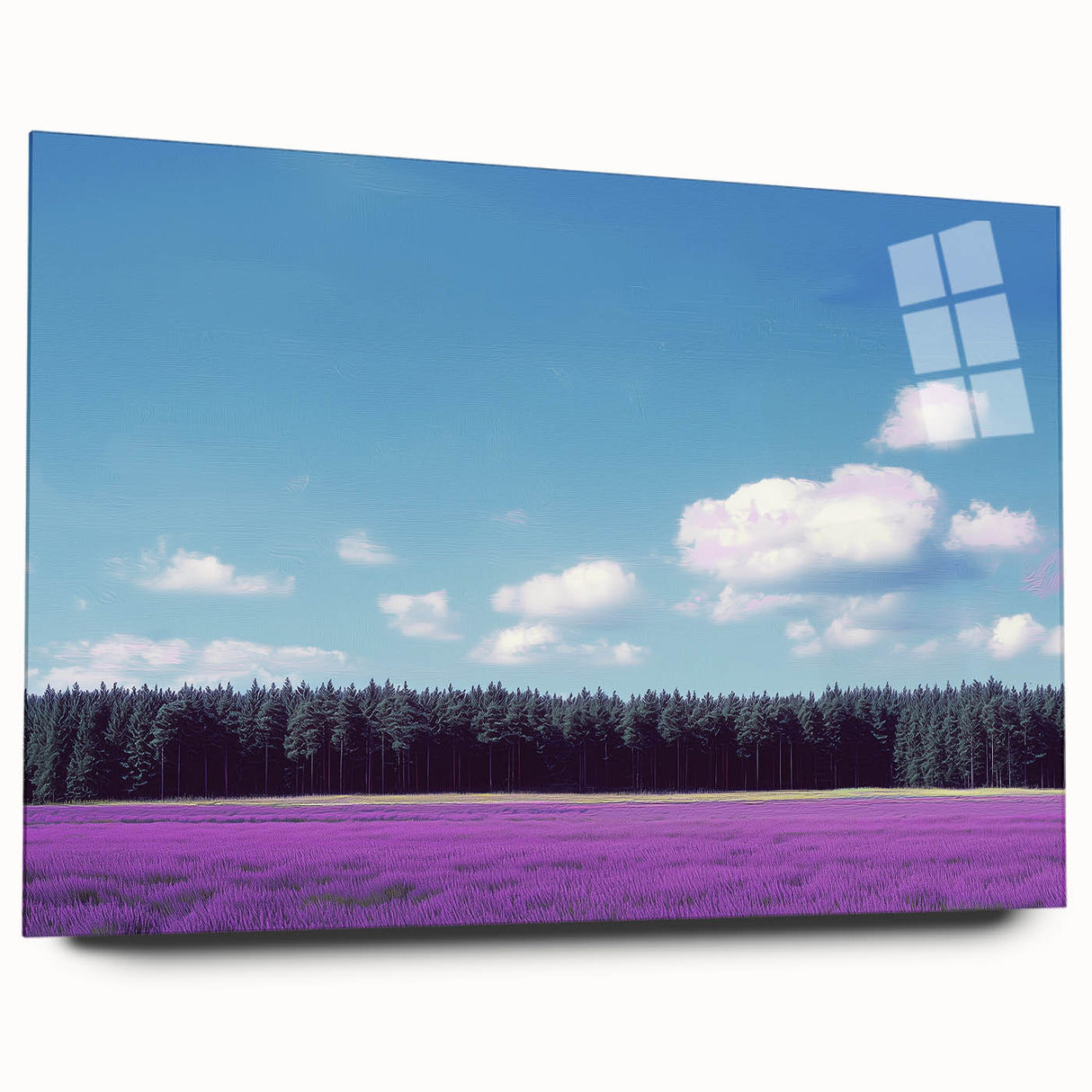 Acrylic glass landscape artwork showcasing vibrant green fields with a serene side view, ideal for modern decor, enhancing any interior space with natural beauty.