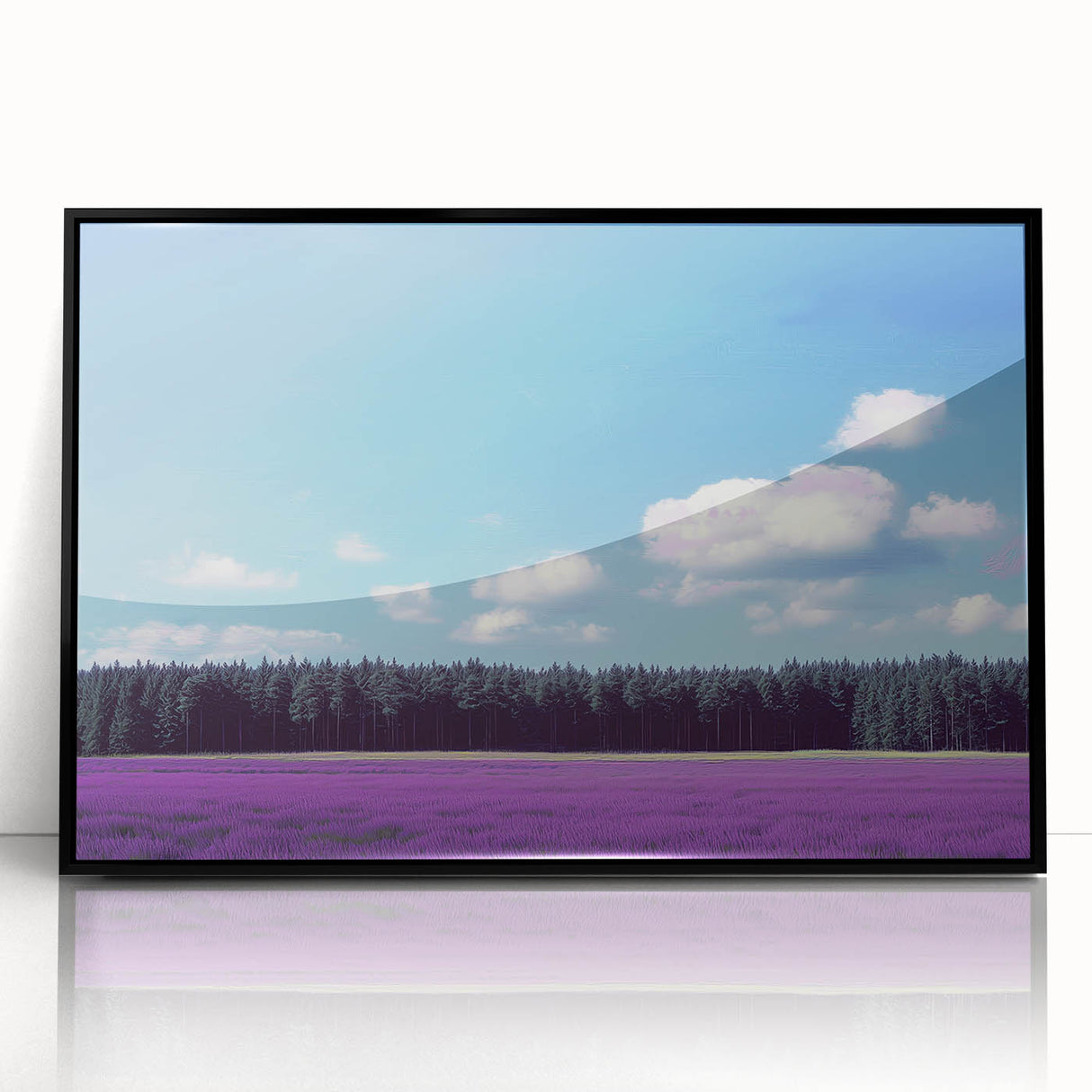 Framed acrylic artwork showcasing a serene landscape with vibrant green fields and a clear blue sky, elegantly presented in a sleek black frame, ideal for home decor.