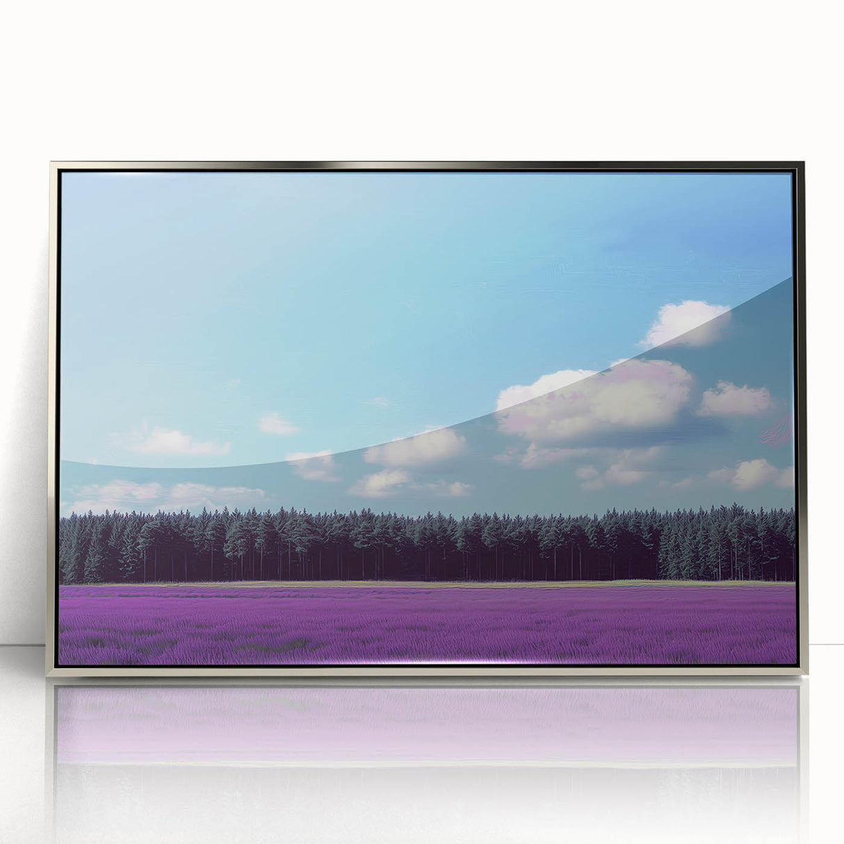 Framed acrylic artwork showcasing a serene landscape with vibrant green fields and a bright blue sky, perfect for home or office decor that enhances tranquility and natural beauty.