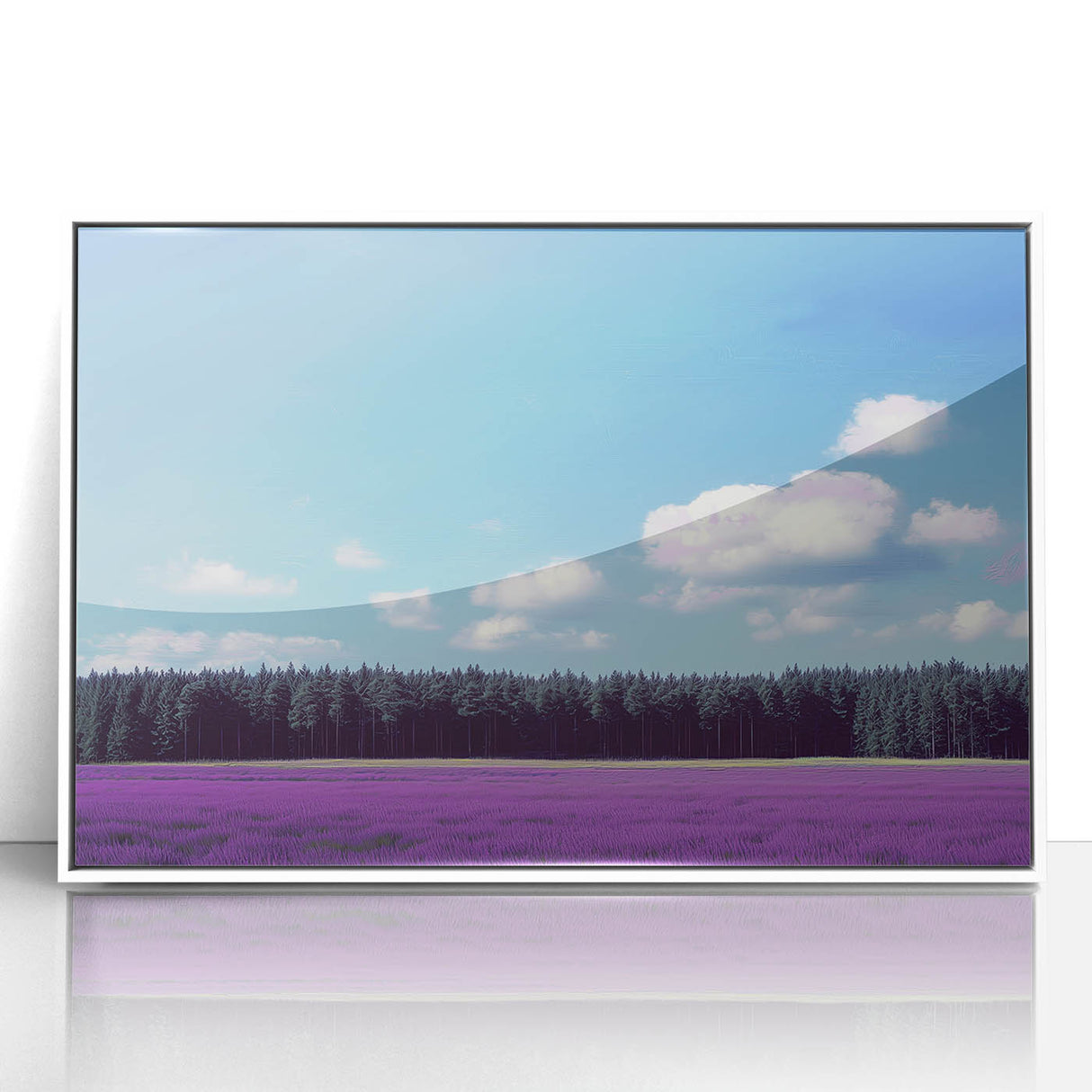 Framed acrylic landscape artwork showcasing vibrant green fields under a bright blue sky, set in a sleek white frame, ideal for modern home decor.