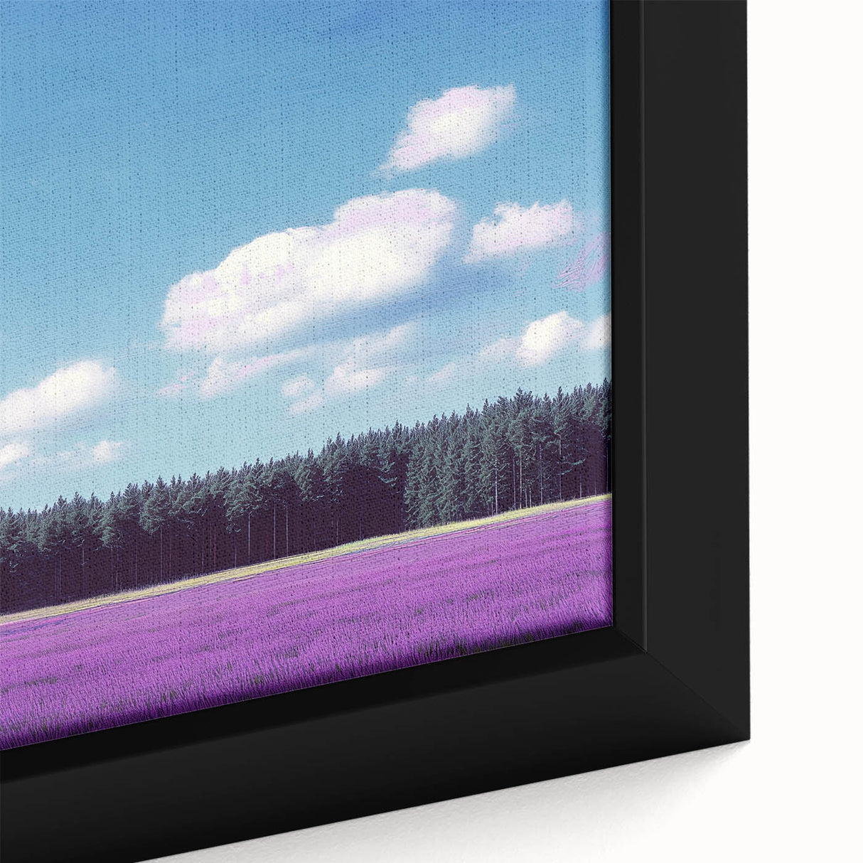 Framed canvas artwork showcasing a vibrant landscape with rolling fields in lush green and golden hues, ideal for home decor and nature-inspired themes. The close-up highlights intricate details of the painting, perfect for enhancing interior spaces.