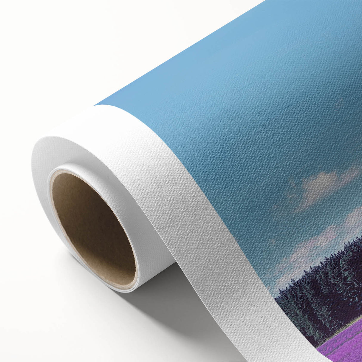 Rolled canvas artwork showcasing a vibrant landscape with fields under a clear blue sky, elegantly packaged in a protective cardboard tube for easy transport.