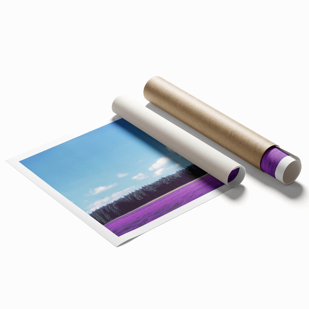 Vibrant rolled canvas print showcasing a serene landscape with lush green fields and rolling hills, ideal for home decor, elegantly packaged in a protective tube.