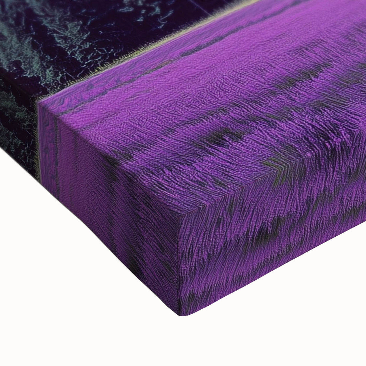 Close-up of a vibrant stretched canvas landscape depicting rolling green fields under a bright blue sky, showcasing detailed textures and colors perfect for home decor.