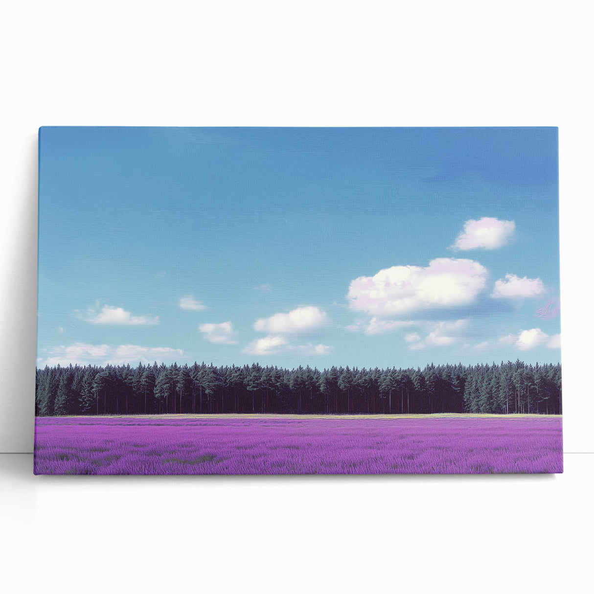 Stretched canvas artwork depicting vibrant green fields under a bright blue sky, perfect for home decor and nature-inspired interiors. Ideal for enhancing living spaces.