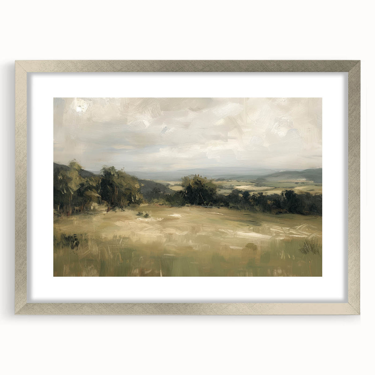 Silver-framed landscape art print with a white mat, showcasing a serene nature scene, perfect for home decor. Ideal for adding a modern touch to any room.