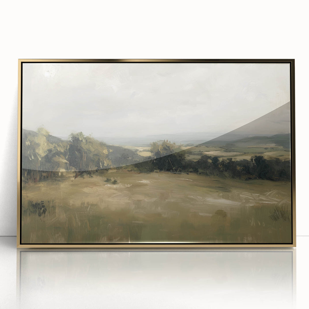 Framed acrylic landscape artwork featuring vibrant golden hues, showcasing a serene natural scene with lush foliage and soft lighting, ideal for home decor.