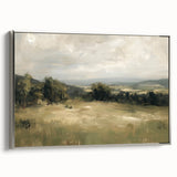 Framed canvas art featuring a serene landscape scene with vibrant colors, displayed from a side view showcasing its sleek silver frame, perfect for home decor.