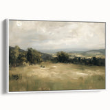 Framed canvas artwork showcasing a serene landscape with vibrant hues of green and blue, presented in a sleek white frame, perfect for home decor.