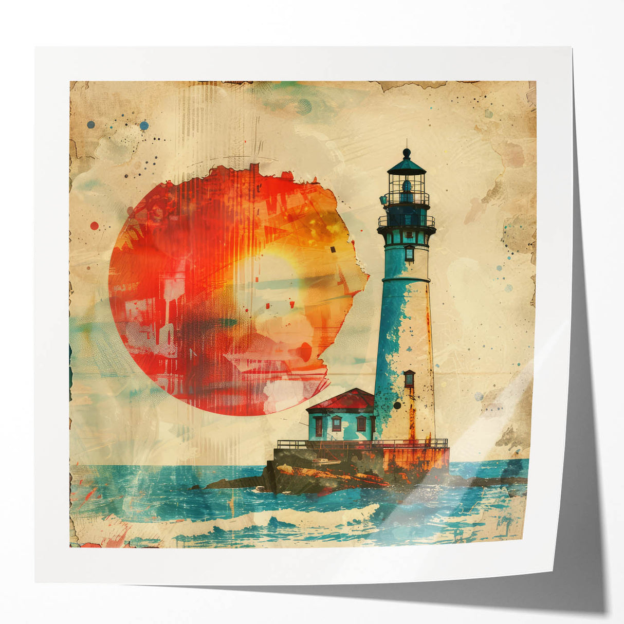 Lighthouse wall art print showcasing a serene coastal landscape with vibrant colors and intricate details, perfect for home decor and nautical themes.
