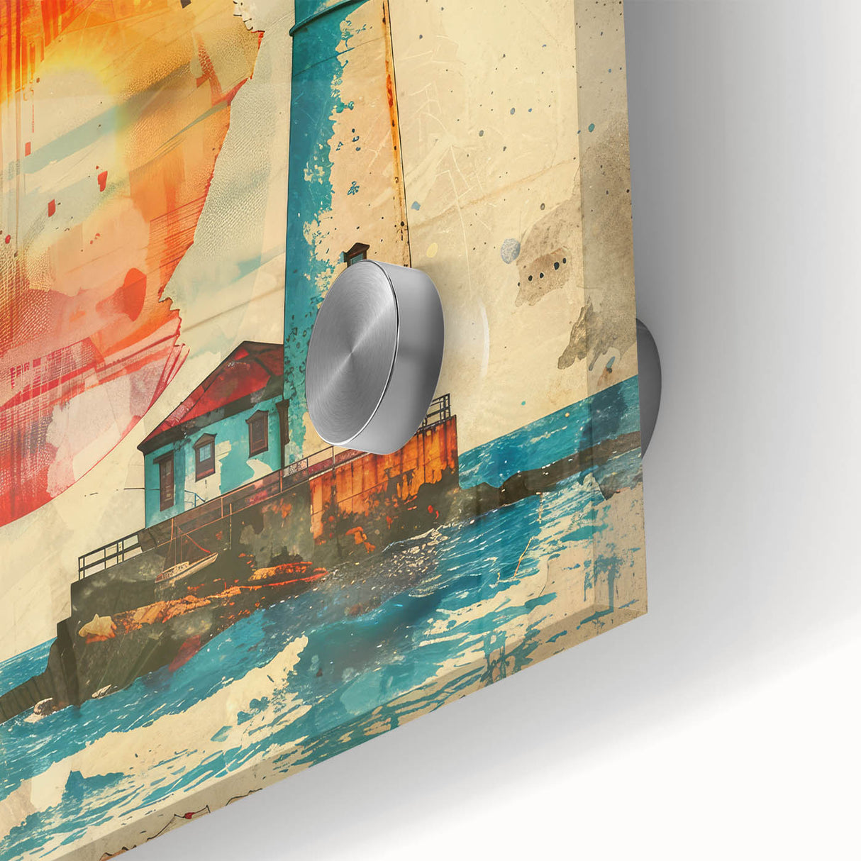Close-up of vibrant lighthouse wall art design on acrylic glass, showcasing vivid colors and intricate details, perfect for enhancing coastal-themed decor.