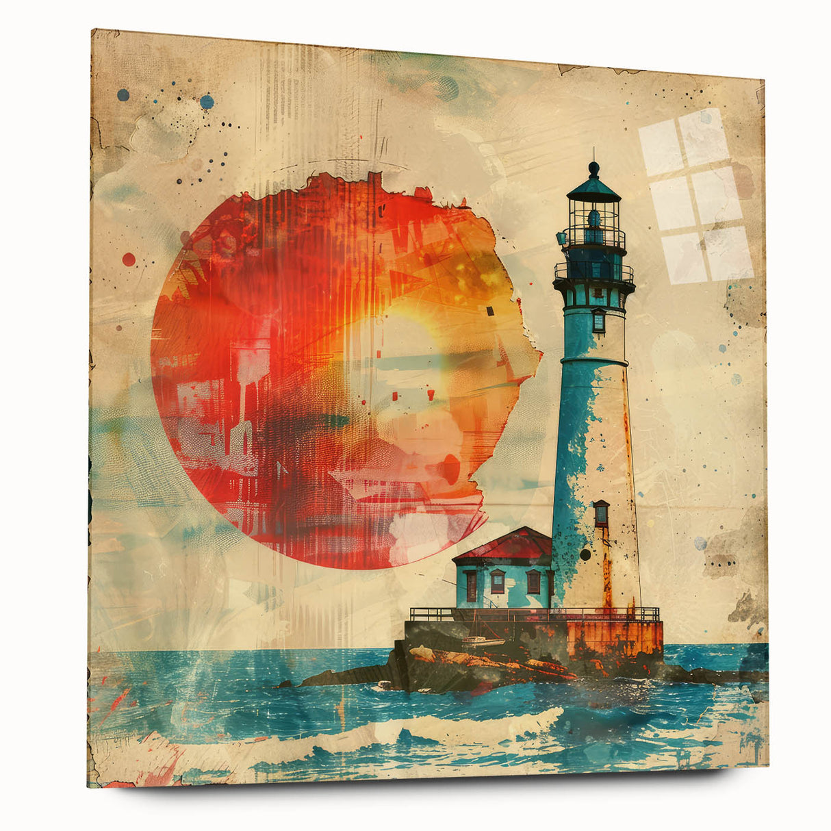 Acrylic glass wall art displaying a serene landscape with a lighthouse, showcasing vibrant colors and intricate details, perfect for coastal home decor.