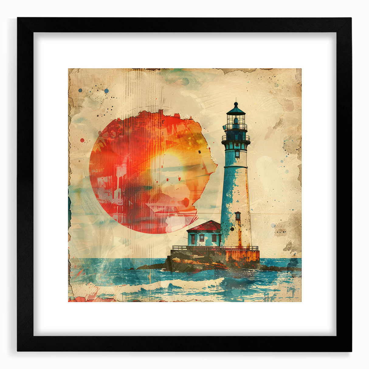 Framed wall art featuring a serene lighthouse landscape with a black mat, showcasing calming ocean hues and a coastal scene, perfect for home decor.