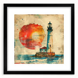 Framed wall art featuring a serene lighthouse landscape with a black mat, showcasing calming ocean hues and a coastal scene, perfect for home decor.