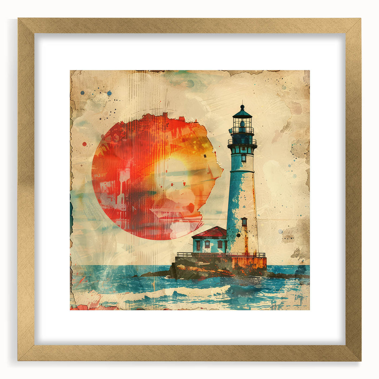 Elegant lighthouse wall art framed with a gold mat, showcasing a serene coastal landscape. Perfect for adding a touch of nautical charm to any room decor.