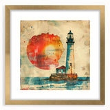 Elegant lighthouse wall art framed with a gold mat, showcasing a serene coastal landscape. Perfect for adding a touch of nautical charm to any room decor.