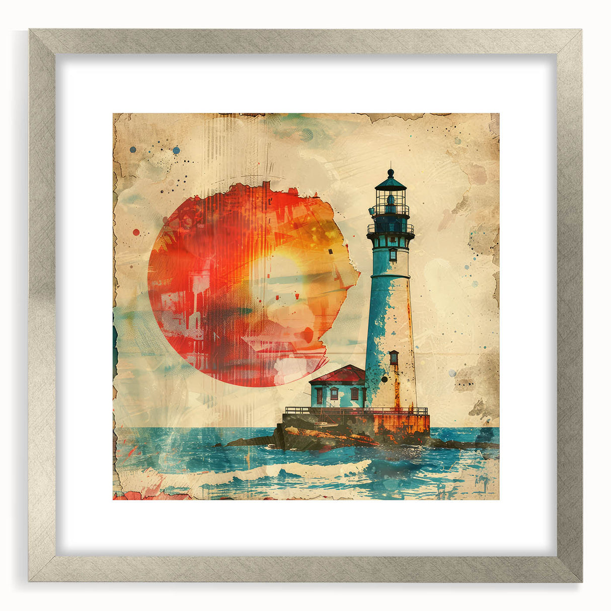 Silver-framed wall art featuring a picturesque lighthouse landscape, elegantly matted for a sophisticated finish, perfect for coastal-themed decor.