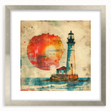 Silver-framed wall art featuring a picturesque lighthouse landscape, elegantly matted for a sophisticated finish, perfect for coastal-themed decor.