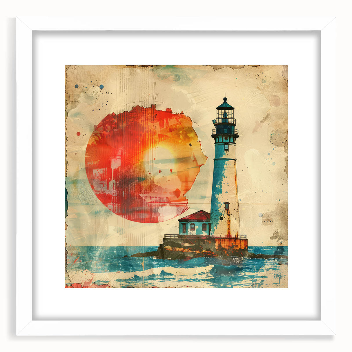 Framed wall art showcasing a serene lighthouse landscape with a white mat and sleek frame, perfect for coastal-themed home décor. The vibrant colors capture the tranquil seaside atmosphere.