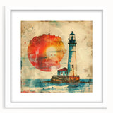 Framed wall art showcasing a serene lighthouse landscape with a white mat and sleek frame, perfect for coastal-themed home décor. The vibrant colors capture the tranquil seaside atmosphere.