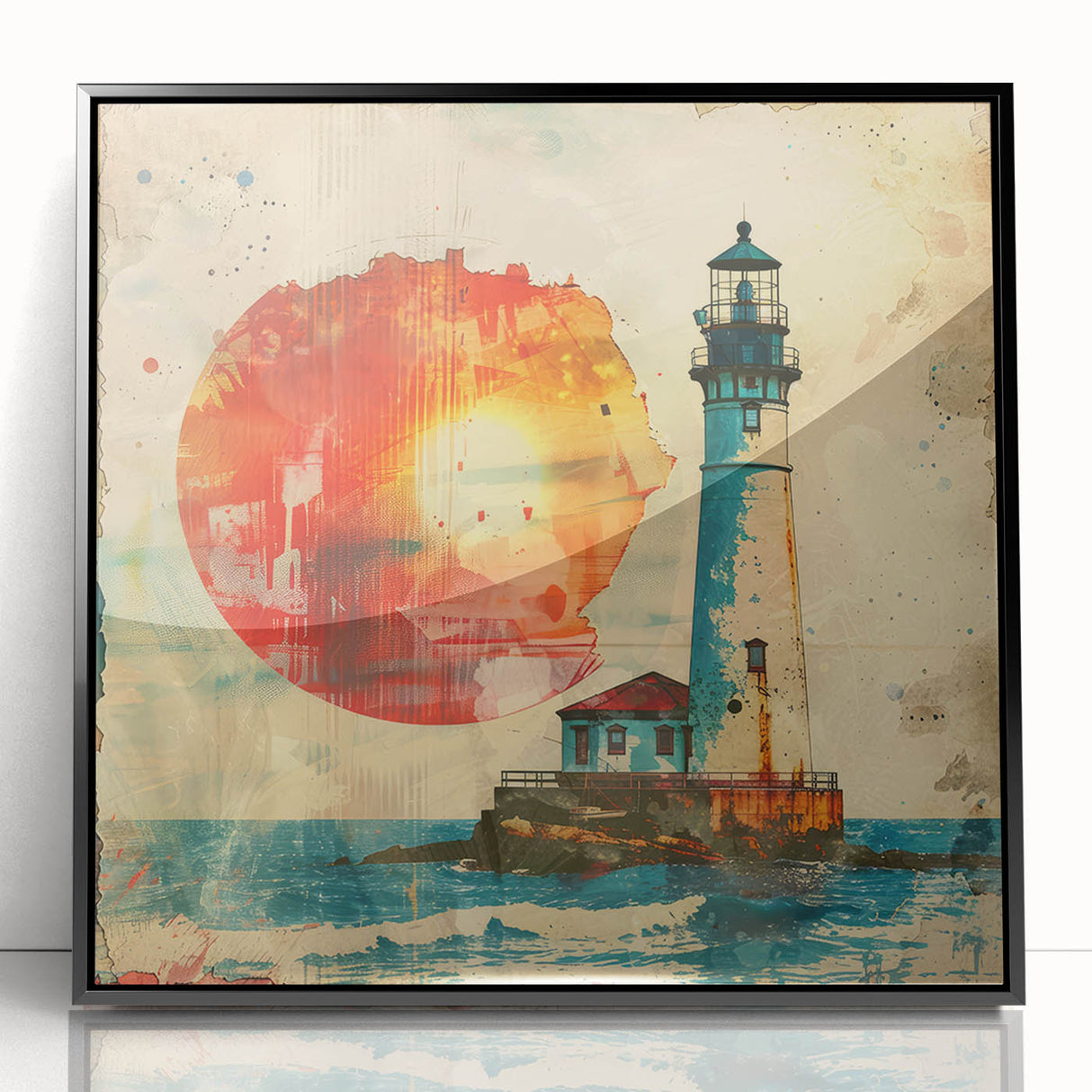 Framed wall art depicting a serene lighthouse landscape with vibrant colors, set in a sleek black frame, ideal for enhancing coastal home decor.