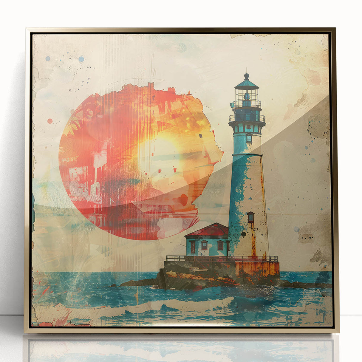 Framed acrylic wall art displaying a vibrant lighthouse landscape in gold tones, showcasing intricate details and textures, perfect for coastal-themed decor.