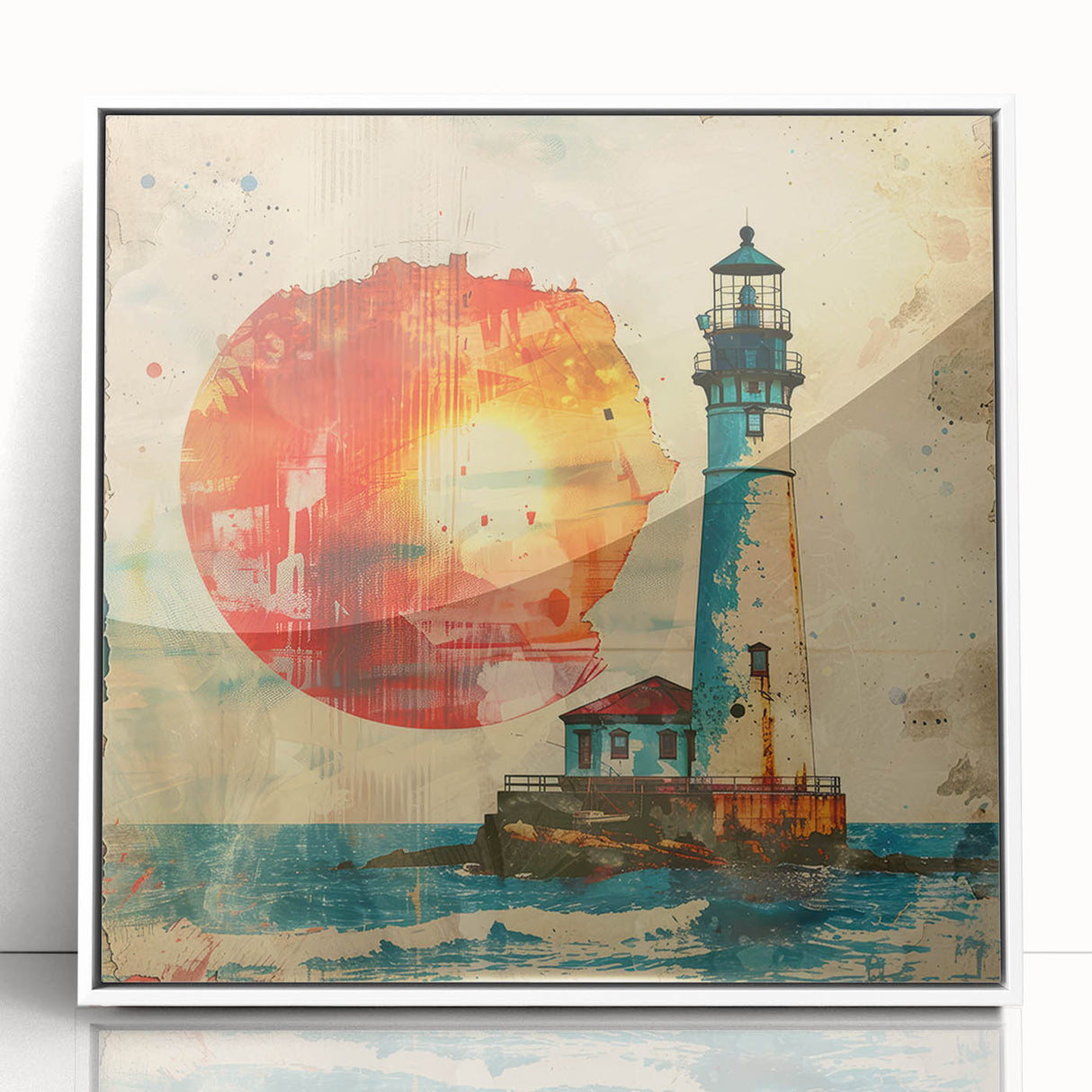 Framed acrylic wall art featuring a serene lighthouse landscape in soft blue and white tones, perfect for coastal decor, showcasing tranquility and elegance.