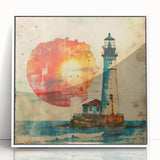 Framed acrylic wall art featuring a serene lighthouse landscape in soft blue and white tones, perfect for coastal decor, showcasing tranquility and elegance.