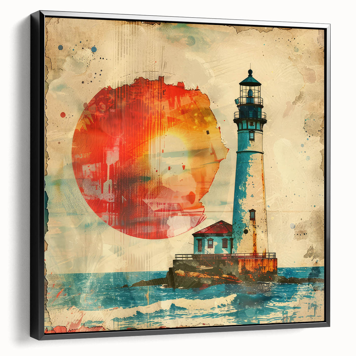 Framed canvas wall art showcasing a serene lighthouse landscape with a black frame, ideal for coastal-themed decor. Perfect for home or office walls.