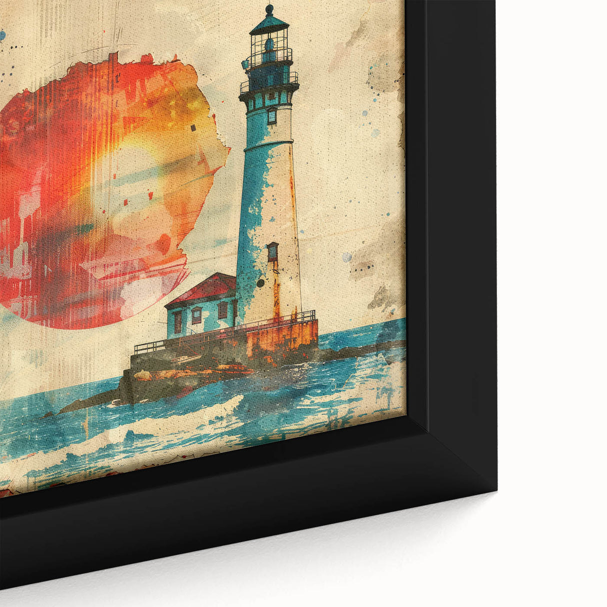 Framed canvas wall art depicting a close-up of a serene lighthouse landscape, showcasing vibrant colors and fine details, perfect for coastal decor enthusiasts.