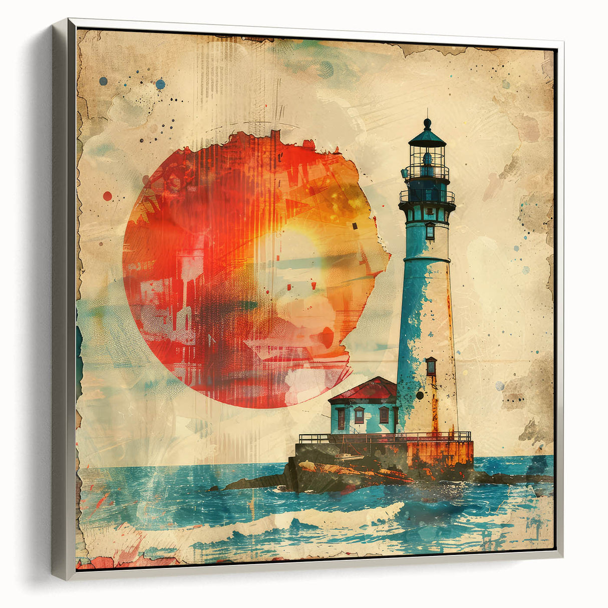 Framed canvas wall art depicting a serene lighthouse landscape, showcasing soft colors and intricate detailing, set in a silver frame for a modern aesthetic.