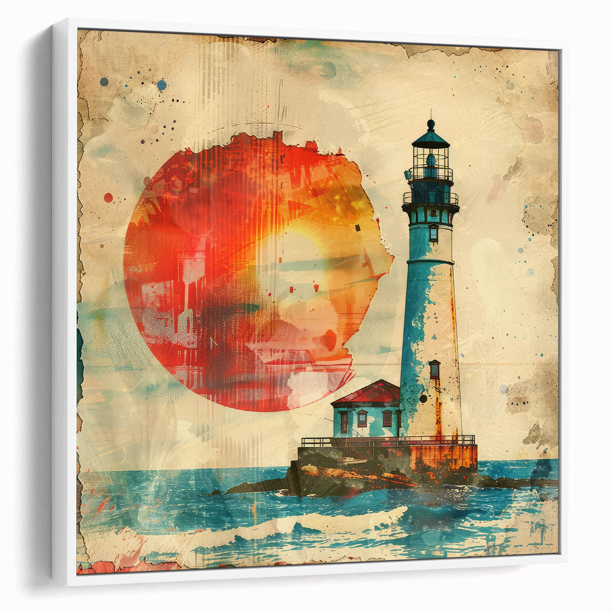 Framed canvas wall art depicting a serene coastal landscape featuring a lighthouse, surrounded by vibrant greenery and a soft blue sky, perfect for home decor.