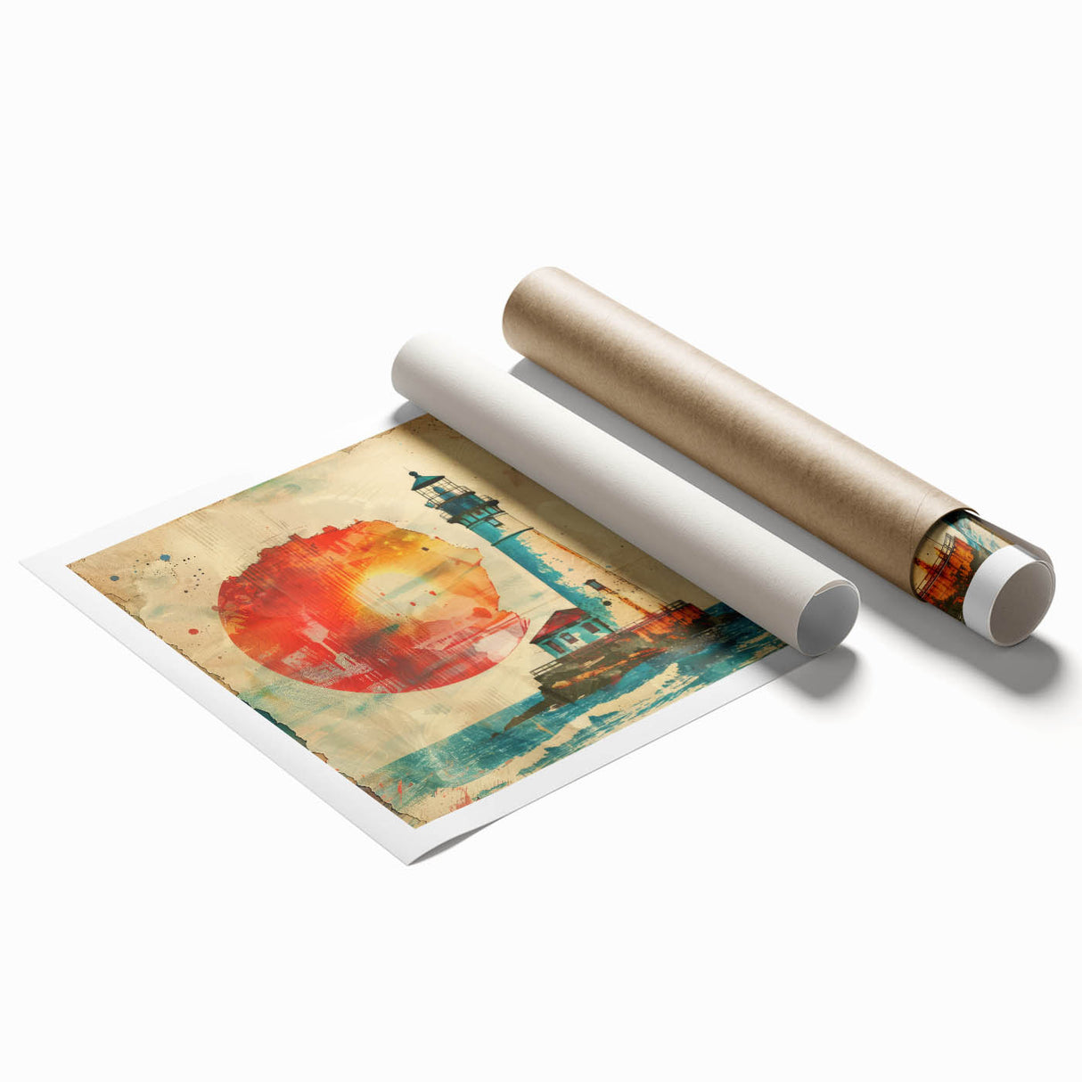 Landscape wall art print featuring a serene lighthouse against a vibrant sunset sky, showcasing warm hues of orange and purple, rolled for easy framing and display.