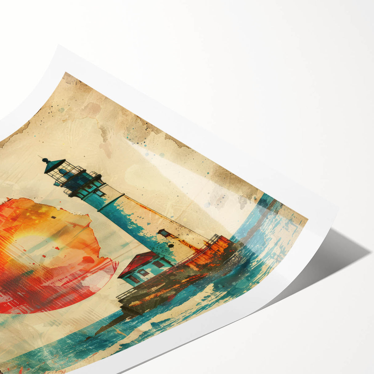 Lighthouse wall art print showcasing a serene coastal landscape with vibrant colors, rolled for easy shipping and ready for framing. Perfect for enhancing home decor.