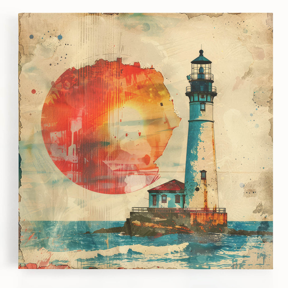 Stretched canvas wall art depicting a serene lighthouse by the coast, showcasing vibrant colors and intricate details, perfect for enhancing coastal-themed decor.