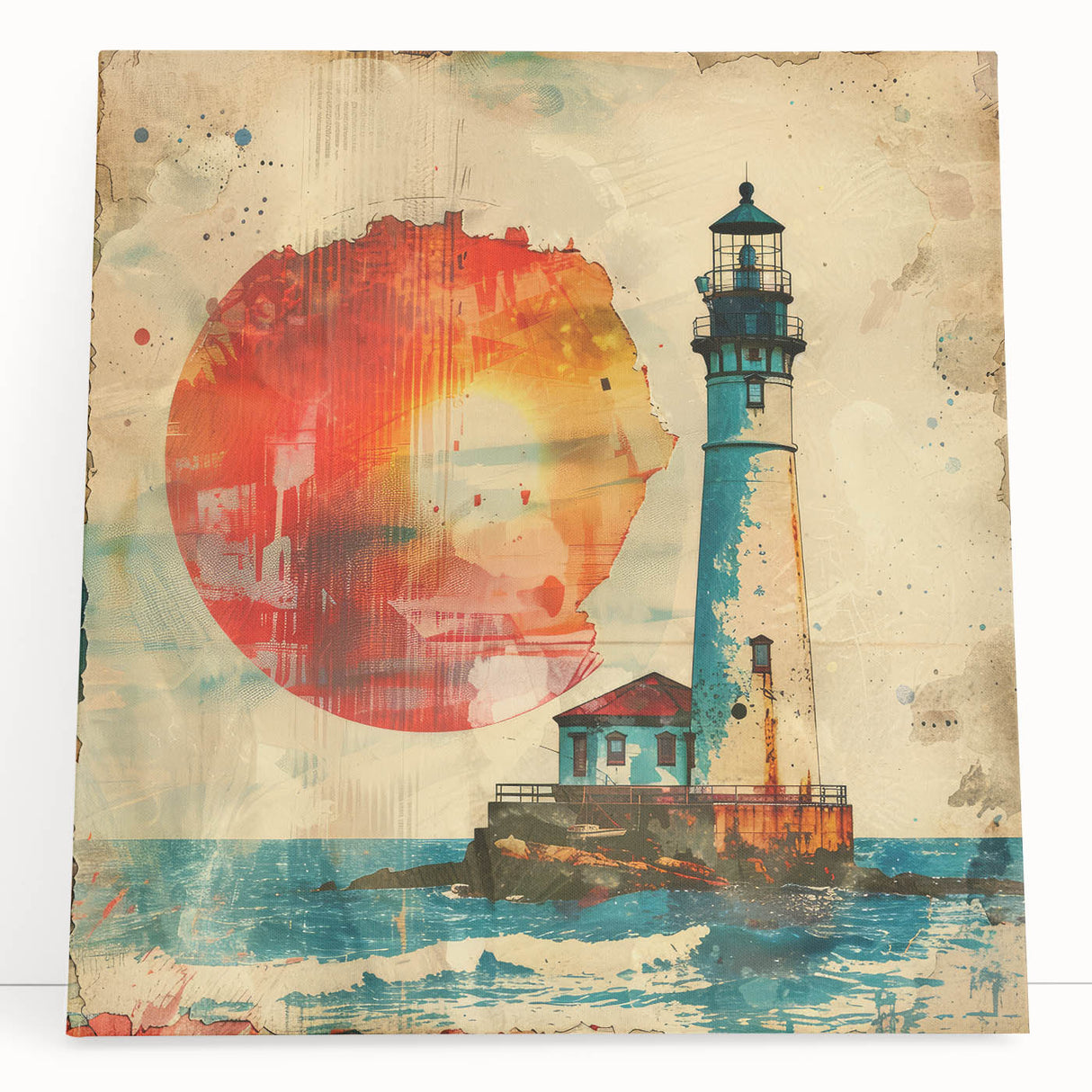 Vibrant stretched canvas wall art depicting a serene lighthouse surrounded by lush greenery and a clear blue sky, perfect for coastal-themed decor.