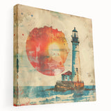 Stretched canvas wall art showcasing a serene lighthouse landscape, featuring soft blue skies and vibrant coastal colors, perfect for home decor and nautical themes.