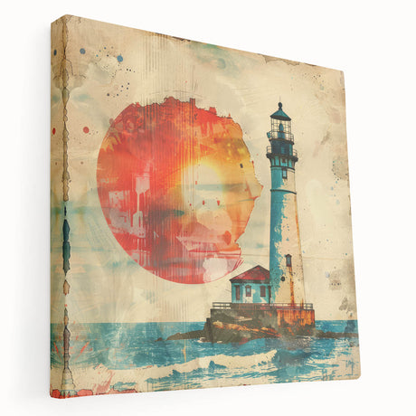 Stretched canvas wall art showcasing a serene lighthouse landscape, featuring soft blue skies and vibrant coastal colors, perfect for home decor and nautical themes.